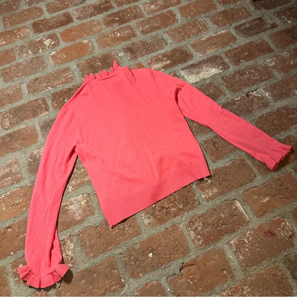 Tory Burch Bright Pink Ruffle Wool Cashmere Button Up Knit Cardigan Sweater XL - Picture 14 of 16